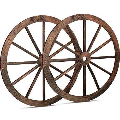 2 Pcs Wagon Wheel Decor Wooden Western Cowboy Party Decorations Vintage Rustic Wagon Wheel Wood Cartwheel Decor for Bar Garage Indoor Outdoor - WoodArtSupply