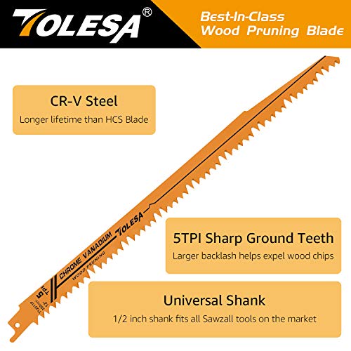 TOLESA Wood Pruning Reciprocating Saw Blades 12 inch 5 TPI Sawzall Blades Green Wood Construction Wood Cutting and PVC Pipe Cutting CRV Sharp Ground TOLESA