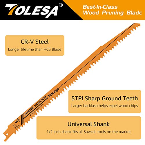 TOLESA Wood Pruning Reciprocating Saw Blades 12 inch 5 TPI Sawzall Blades Green Wood Construction Wood Cutting and PVC Pipe Cutting CRV Sharp Ground - WoodArtSupply