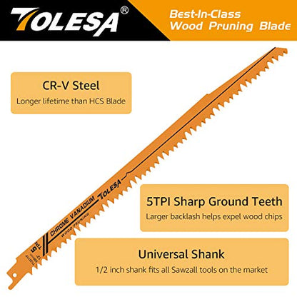 TOLESA Wood Pruning Reciprocating Saw Blades 12 inch 5 TPI Sawzall Blades Green Wood Construction Wood Cutting and PVC Pipe Cutting CRV Sharp Ground - WoodArtSupply