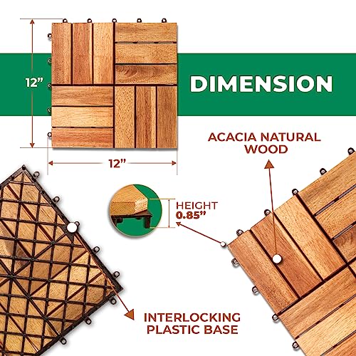 Solid Wood Interlocking Flooring Tiles (Pack of 10, 12" x 12"), Acacia Deck Tiles, Floor Tiles for Both Indoor and Outdoor Use, Waterproof All