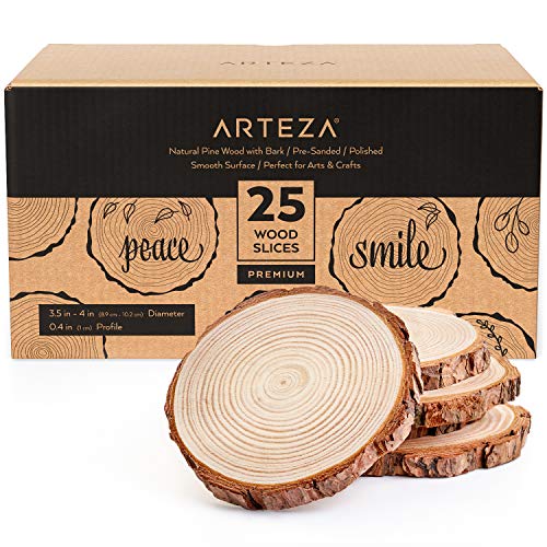 ARTEZA Natural Wood Slices, 25 Pieces, 3.5-4 Inch Diameter, 0.4 Inch Thickness, Round Pine Wood Discs with Bark for Crafts, Christmas Ornaments, Centerpieces & Paintings
