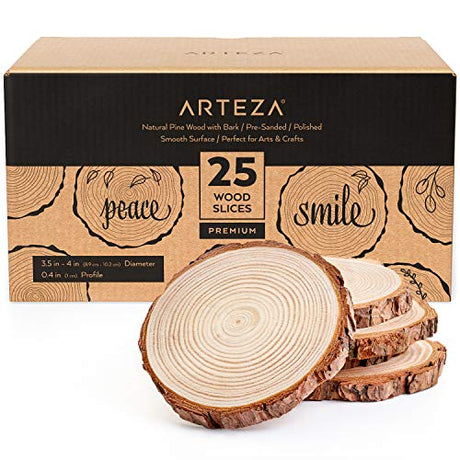 ARTEZA Natural Wood Slices, 25 Pieces, 3.5-4 Inch Diameter, 0.4 Inch Thickness, Round Pine Wood Discs with Bark for Crafts, Christmas Ornaments, ARTEZA