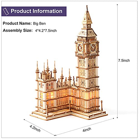 Rowood Big Ben 3D Wooden Puzzle Kit with LED for Adults and Teens Age 14+ RoWood