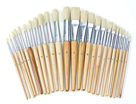 Colorations Easel Paint Brushes, Assorted Sizes, Value Pack, Set of 12 Paint Brushes, Wooden Handles, Natural Bristles, Round & Flat Shaped Tips, Colorations