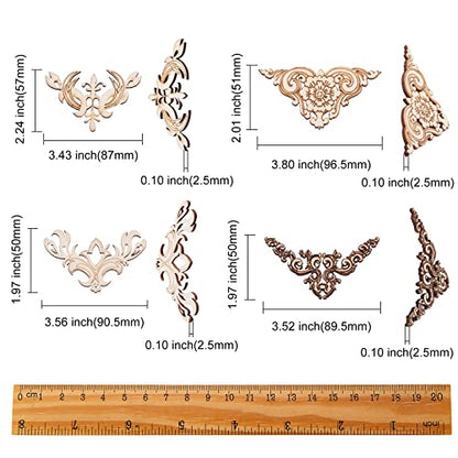 LiQunSweet 20 Pcs 4 Styles Vintage Flower Hollow Carved Unfinished Wood Pieces Book Corner Protector for DIY Craft Applique Furniture Door Decor