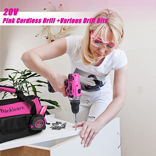 ThinkLearn Tool Kit with 20V Cordless Drill(265in-lbs), Pink Drill Set for Women, Lady's Home Tool Kit for DIY, Daily Repair Tool Set as a Creative ThinkLearn
