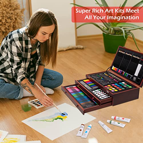 Art Supplies, 185-Piece Super Deluxe Wooden Art Set Crafts Drawing Kit with 2 Sketch Pads, Crayons, Oil Pastels, Colored Pencils, Watercolor Cakes, VigorFun