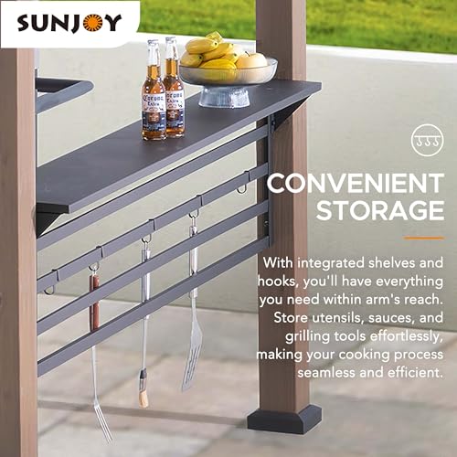 Sunjoy Wooden Grill Gazebo with AC Power Port, 8 x 12 ft. Steel Hardtop Outdoor Gazebo for Year-Round Grilling, Cedar Framed Gazebo with Built-in Sunjoy