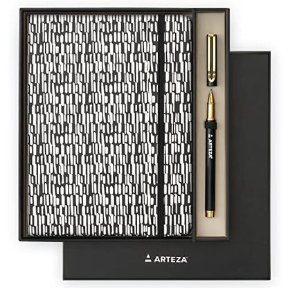 ARTEZA Journal Gift Set, 6 x 8 Inches, 96-Sheet Notebook with Double-Sided Lined Paper and 1 Black Ink Pen, Black and White Design, Office Supplies - WoodArtSupply