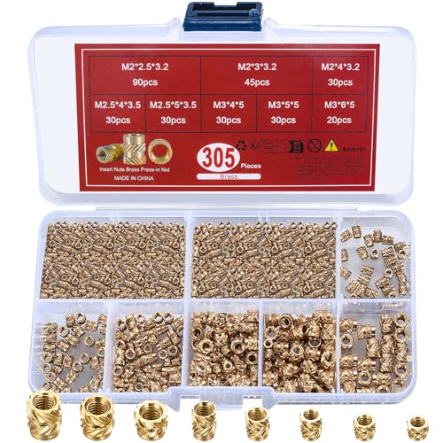 qxayxa 305 Pcs Knurled Thread Insert Nuts, Brass Threaded Inserts, M2 M2.5 M3 Female Thread Heat Set Inserts, Embedment Nuts Inserts Kit Pressed Fit - WoodArtSupply