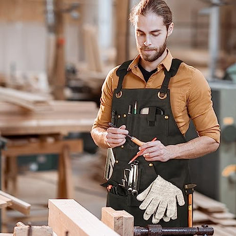 Briteree Woodworking Aprons for Men, Valentines Day Gifts for Him, Waxed Canvas Tool Apron, with 9 Tool Pockets, Shop Apron for Woodworkers, Size S Briteree