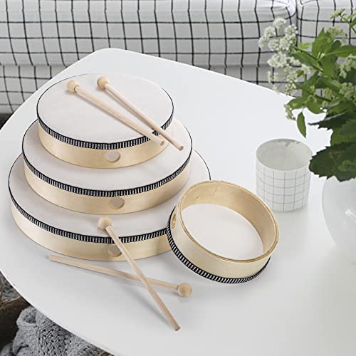 Foraineam 4 Pack Hand Drum 12 Inch 10 Inch 8 Inch 6 Inch Wood Drum Set Musical Educational Percussion Instrument Wooden Frame Drum with Drum Sticks Foraineam