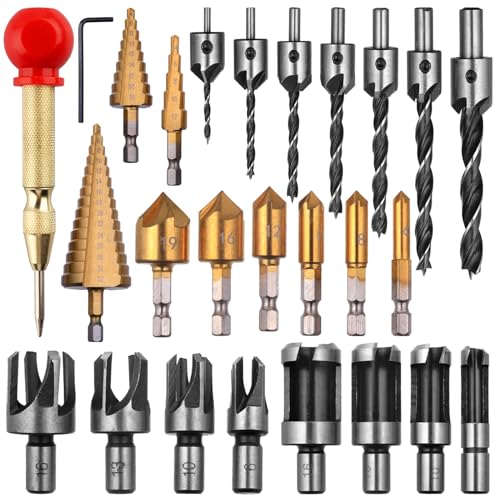 Rocaris 26 Pack Woodworking Chamfer Drilling Tools, Including Countersink Drill Bits, Wood Plug Cutter, Step Drill Bit, Center Punch, L-Wrench Rocaris