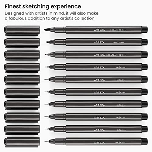 ARTEZA Micron Pens, Set of 10 Black Ink Archival Fineliners, Quick-Dry, Assorted Sizes Calligraphy Pens (from 0.2mm to 7.9mm), Smudge-Proof