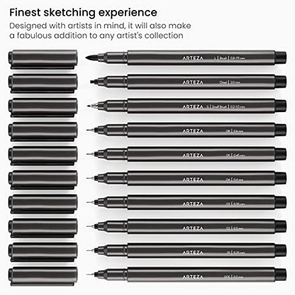 ARTEZA Micron Pens, Set of 10 Black Ink Archival Fineliners, Quick-Dry, Assorted Sizes Calligraphy Pens (from 0.2mm to 7.9mm), Smudge-Proof