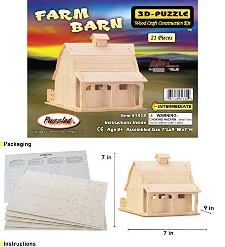 Puzzled 3D Puzzle Farm Barn Set Wood Craft Construction Model Kit, Fun & Educational DIY Wooden Toy Assemble Model Unfinished Crafting Hobby Puzzle Puzzled