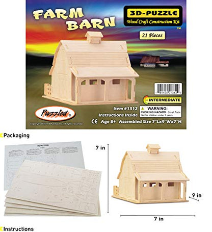 Puzzled 3D Puzzle Farm Barn Set Wood Craft Construction Model Kit, Fun & Educational DIY Wooden Toy Assemble Model Unfinished Crafting Hobby Puzzle