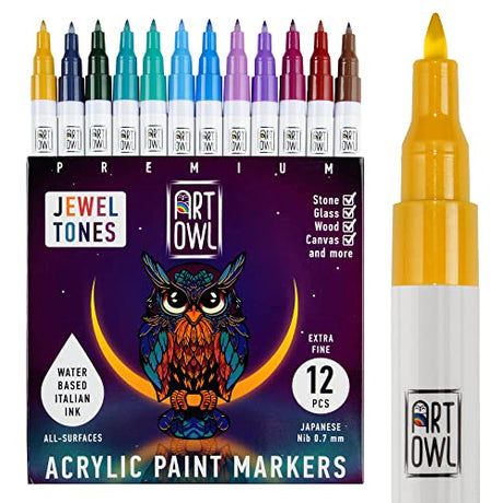 12 Jewel Tones Acrylic Paint Pens – Extra Fine Tip Markers Set. Art Supplies for Paper, Crafting, Glass, Canvas, Rock Painting, Card Making, Coloring Art Owl