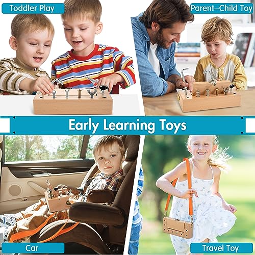 WOODMAM Montessori Screwdriver Board Set, Storage Box & Strap Toddler Travel, Wooden Montessori Toys Fine Motor Skills Toys for 3 4 5 Year Old Kids, WOODMAM