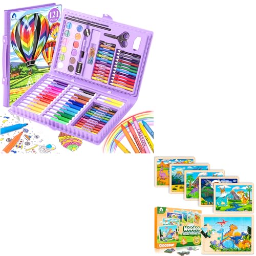 Art Set & 6 Pack Wooden Dinosaur Puzzles for Kids VigorFun