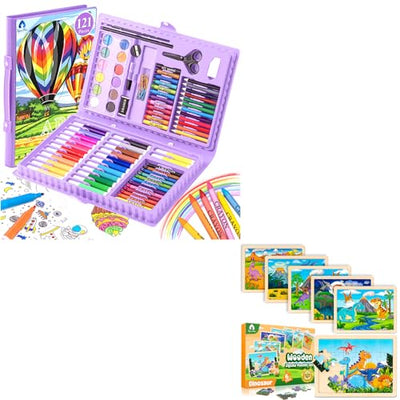 Art Set & 6 Pack Wooden Dinosaur Puzzles for Kids