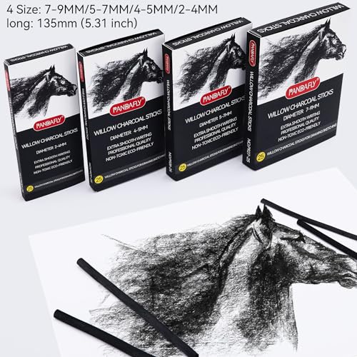 PANDAFLY Willow Charcoal Sticks, Soft, Black Artist Vine Charcoal for Artists, Beginners, Students, Great for Sketching, Drawing, Shading and Fine PANDAFLY