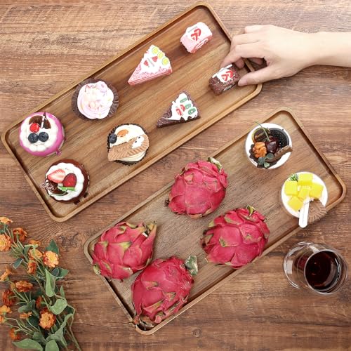 2 PCS Solid Acacia Wood Serving Trays Rectangular Wooden Serving Platters Natural Wooden Boards for Bar Coffee Party 15.7 * 7.08 inch