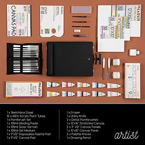 MEEDEN Acrylic Painting Set, Deluxe Painting Kit with Wood Easel Box, Artist Grade Acrylic Paints, Paintbrushes, Canvas, Palettes, Gel Medium and - WoodArtSupply