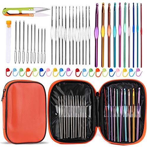IMZAY 54 Pcs Crochet Needles Set, Crochet Hooks Kit with Storage Case, Ergonomic Knitting Needles Blunt Needles Stitch Marker DIY Hand Knitting Craft IMZAY
