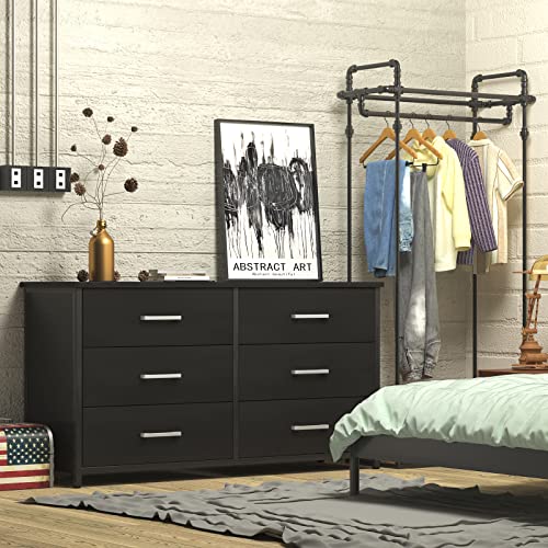 IKENO 6 Drawer Double Dresser, Industrial Wood Dresser for Bedroom, Storage Cabinet with Sturdy Steel Frame IKENO