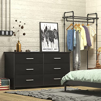 IKENO 6 Drawer Double Dresser, Industrial Wood Dresser for Bedroom, Storage Cabinet with Sturdy Steel Frame - WoodArtSupply