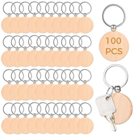 Wooden Keychain Blanks, 100 Pcs Round Wood Tags Finely Polished, Blank Wood Keyrings for Personalized DIY Crafts, Christmas Pendants, Wall Hangings, BATTIPAW