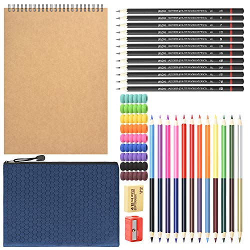 HomeMall Drawing Sketching Pencils Set, 37 Packs Art Kit with Sketchbook Draw Pencils Dual Ended Color Pencil Eraser Sharpener Pencil Bag for Kids