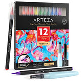 ARTEZA Real Brush Pens, Set of 12, Bright Tones, Blendable Watercolor Markers and 1 Water Brush, Art Supplies for School, Home, and Office ARTEZA