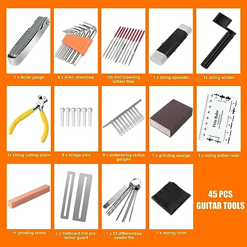 45Pcs Guitar Tool Kit, Guitar Repair Kit, Guitar Setup Kit, Luthier Tools Guitar Kit, Guitar Maintenance Kit Guitar Fret Tools, TIMDAM Guitar TIMDAM