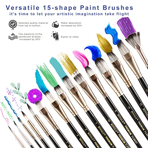 15 Pack Professional Paint Brush Set - Premium Artist Paint Brushes for Acrylic, Watercolor, Oil, Canvas, Hobby Craft, Fabric Painting, Wide and Fine - WoodArtSupply