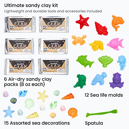 Arteza Kids Air-Dry Modeling Clay Kit, 6 x 8-oz Packs, 12 Sandy Clay Molds and 15 Assorted Sea-Life Beach Decorations, Soft, Pliable, Supplies Arteza Kids