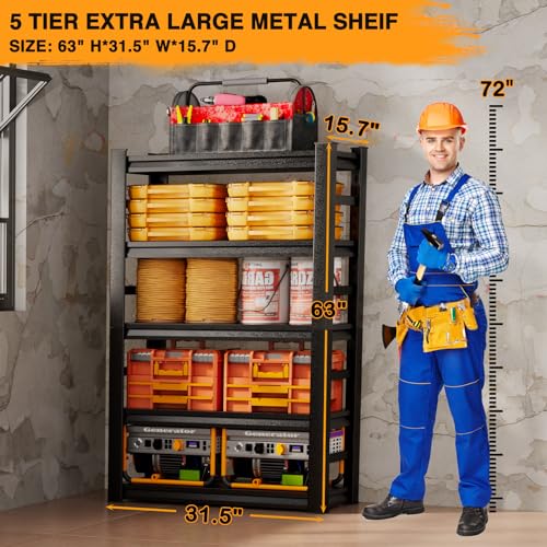 5 Tier Garage Shelving, Storage Shelves Heavy Duty Shelving, Adjustable Metal Shelf Rack and Shelf Units, Garage Shelving Heavy Duty Warehouse