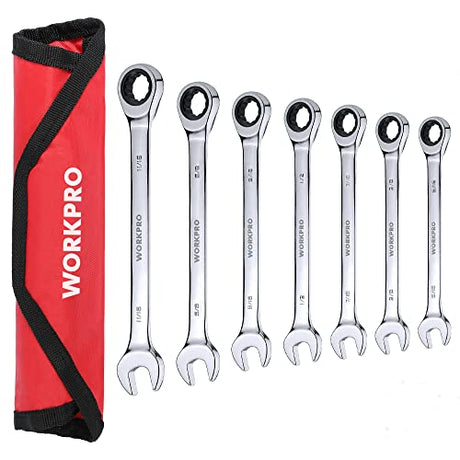 WORKPRO 7-Piece Ratcheting Combination Wrench Set, 72 Teeth, Combo Ratchet Wrenches Set with Roll Up Pouch, SAE 5/16"-11/16" WORKPRO