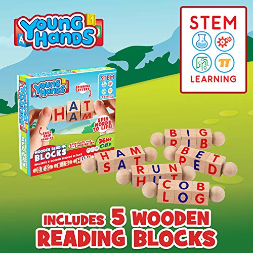 Creative Kids Wooden Reading Blocks - Set of 5 Spinning Alphabet Blocks w/ Easy-Grip Handles - Kindergarten Preschool Learning Activities Letter Work - WoodArtSupply