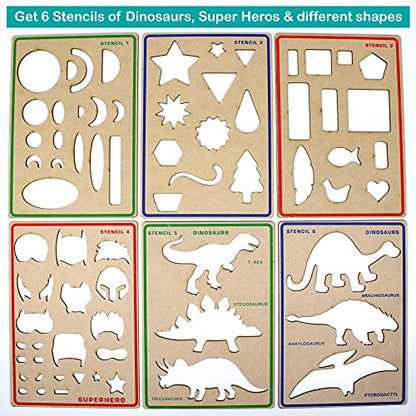 ButterflyEdufields 6in1 Stencils for Kids Drawing – 60pcs Art Supplies kit for Girls & Boys with 50+ Free Hand Drawing Challenges, Dinosaur Super - WoodArtSupply