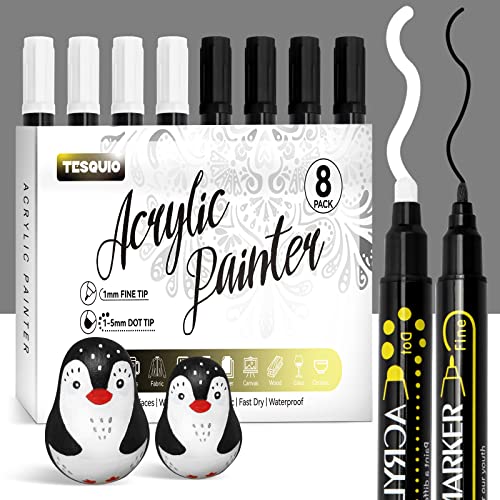 Tesquio Paint Marker, Dual Tip Acrylic Paint Pens, 8 Pack Black & White Paint Pens Ideal for Wood, Rock Painting, Canvas, Stone, Glass, Ceramic