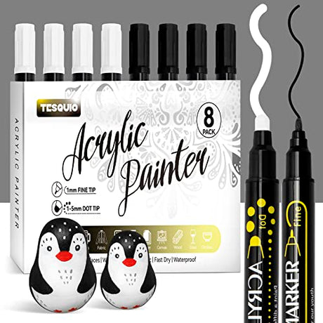 Tesquio Paint Marker, Dual Tip Acrylic Paint Pens, 8 Pack Black & White Paint Pens Ideal for Wood, Rock Painting, Canvas, Stone, Glass, Ceramic Tesquio