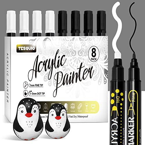 Tesquio Paint Marker, Dual Tip Acrylic Paint Pens, 8 Pack Black & White Paint Pens Ideal for Wood, Rock Painting, Canvas, Stone, Glass, Ceramic - WoodArtSupply