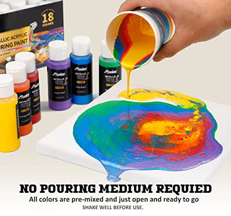 ABEIER Metallic Acrylic Pouring Paint, Set of 18 Metallic Colors Fluid acrylic paint, Pre-Mixed High Flow & Ready to Pour(18 x 2 oz./ 60 ml), Pouring Abeier