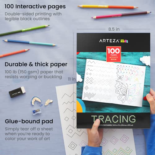 Arteza Kids Tracing Activity Book, School Supplies for Ages 6 and Up, 50 Double-Sided Sheets, 12 Double-Ended Colored Pencils, Black Marker, Eraser,