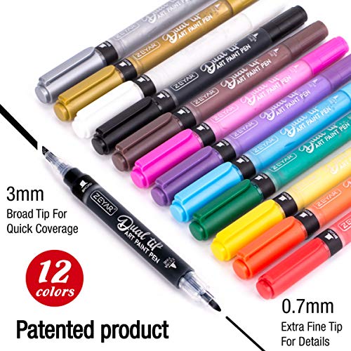 ZEYAR Acrylic Paint Pen, Dual Tip: Board and Extra Fine, 12 Colors, AP Certified, Waterproof Ink, Works on Rock, Wood, Glass, Metal, Ceramic and More - WoodArtSupply