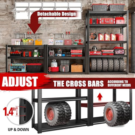 Raybee 72''H Garage Shelving Heavy Duty Garage Storage Shelves Load 2000 LBS Adjustable Metal Shelves for Storage 5 Tier Storage Rack for Warehouse Raybee