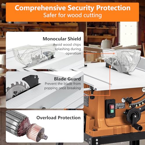 Table Saw 10 Inch, 15A Multifunctional Saw with Stand & Push Stick, 90° Cross Cut & 0-45° Bevel Cut, 5000RPM, Adjustable Blade Height for - WoodArtSupply